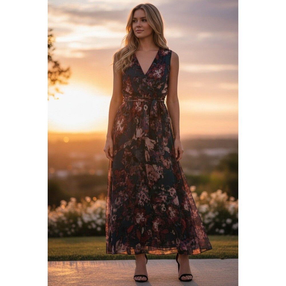 Lane Bryant Floral Crossover Fit Flare Mesh Tiered Maxi Dress Size 28 Romantic